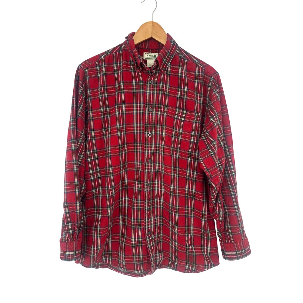 LL Bean Flannel Shirt Mens Medium Tall Red Plaid Button Cabin Rugged Outdoor